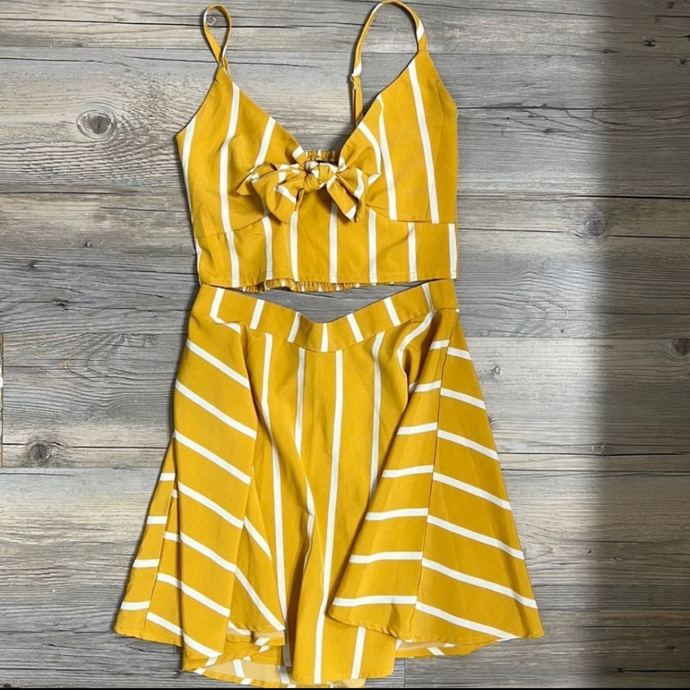 SheIn gold & white striped skirt set. Midi